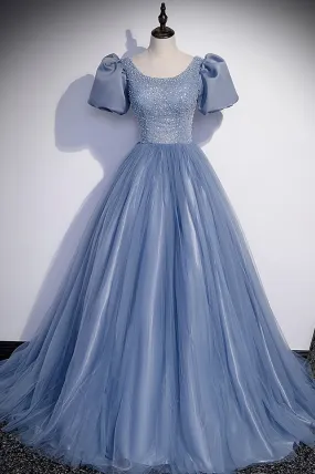 Blue Tulle Beading Long Prom Dresses, A-Line Short Sleeve Evening Dresses