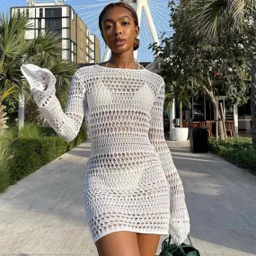 Boho Crew Neck Long Sleeve Backless Openwork Crochet Knit Mini Dress