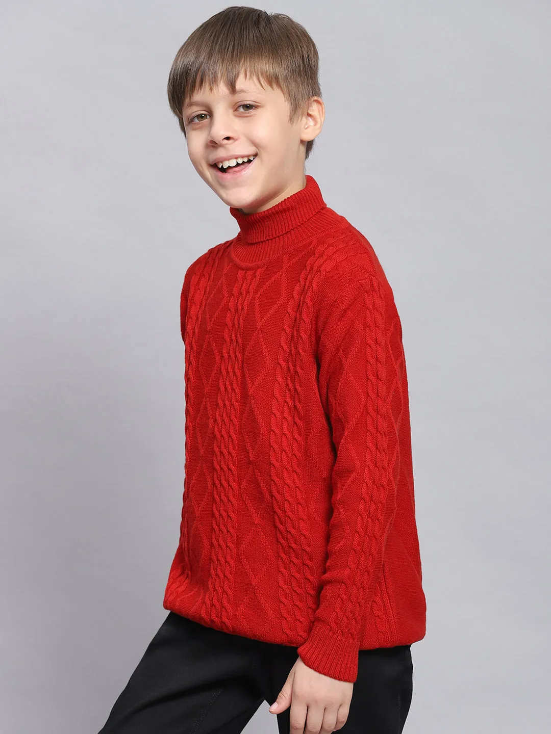 Boys Red Self Design H Neck Full Sleeve Sweater