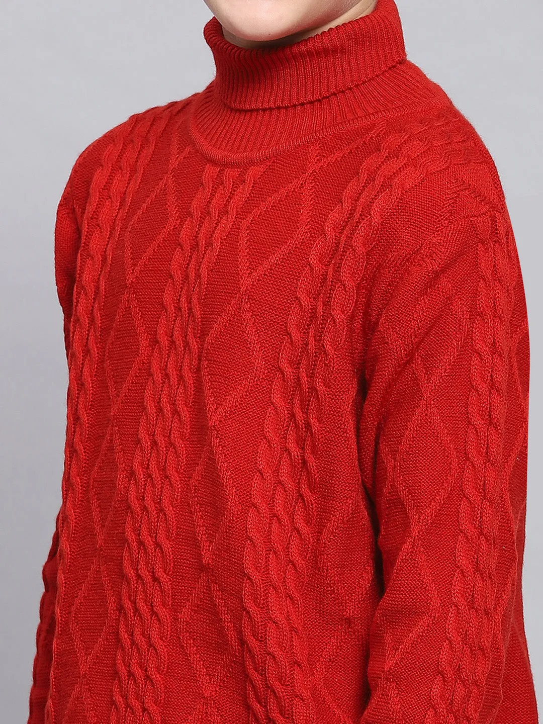 Boys Red Self Design H Neck Full Sleeve Sweater