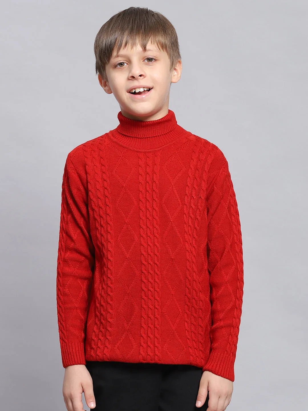 Boys Red Self Design H Neck Full Sleeve Sweater