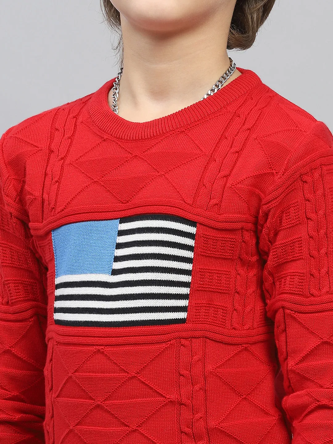 Boys Red Self Design Round Neck Full Sleeve Pullover