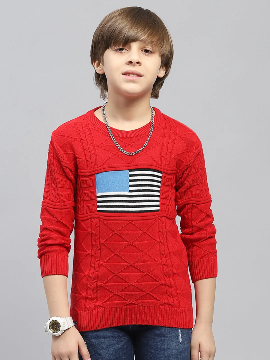 Boys Red Self Design Round Neck Full Sleeve Pullover