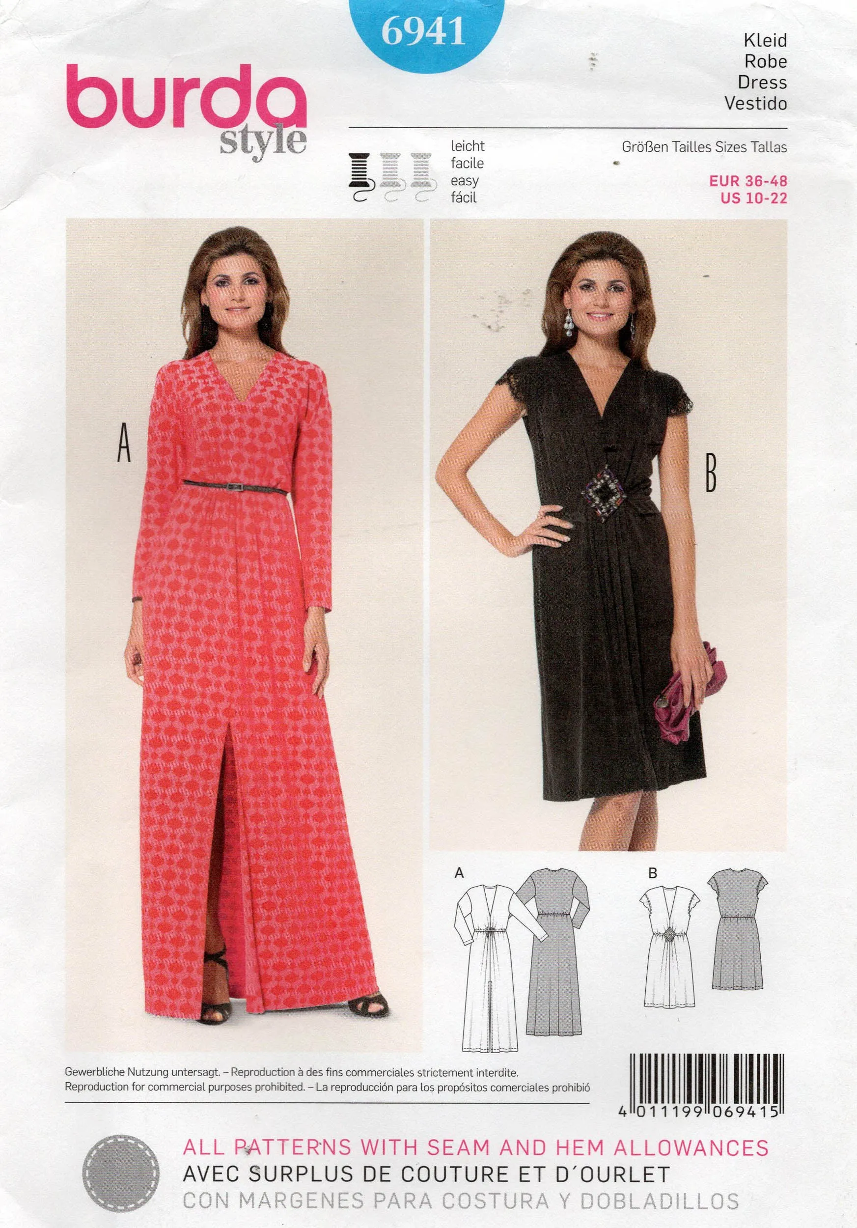 Burda 6941 Womens Stretch Gathered Waist Dress Out Of Print Sewing Pattern Sizes 10 - 22 UNCUT Factory Folded