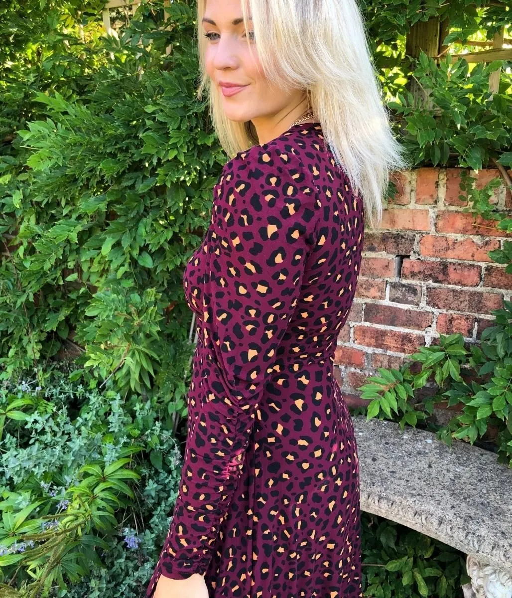 Burgundy Leopard Print Jersey Wrap Dress