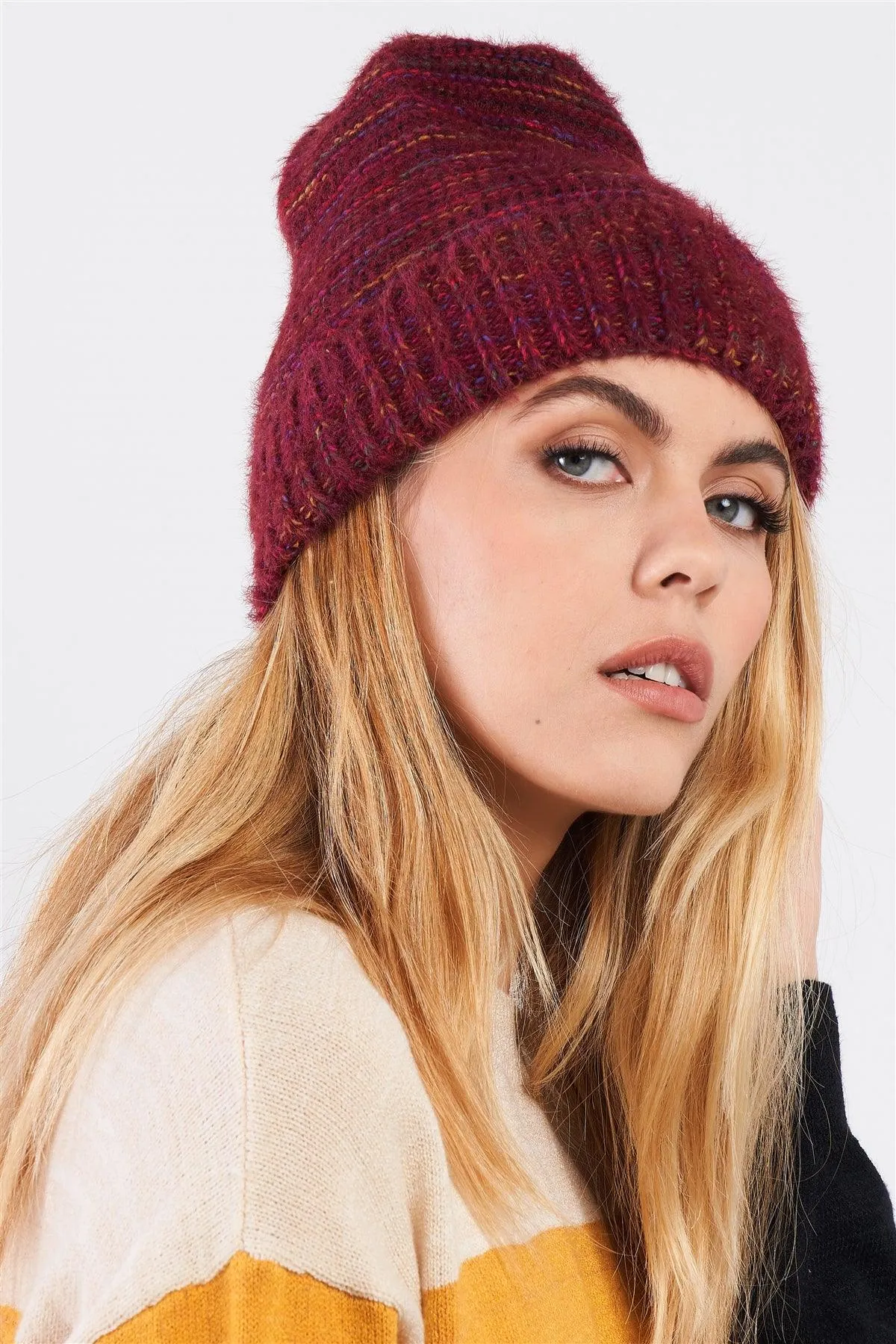 Burgundy Rainbow Knit Fuzzy Woven Beanie /3 Pieces