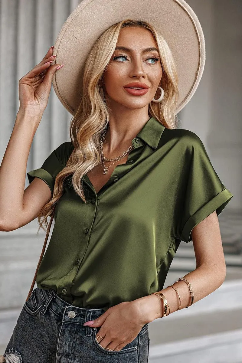 BUTTON DOWN ROLLED SHORT SLEEVE WOMEN BLOUSE