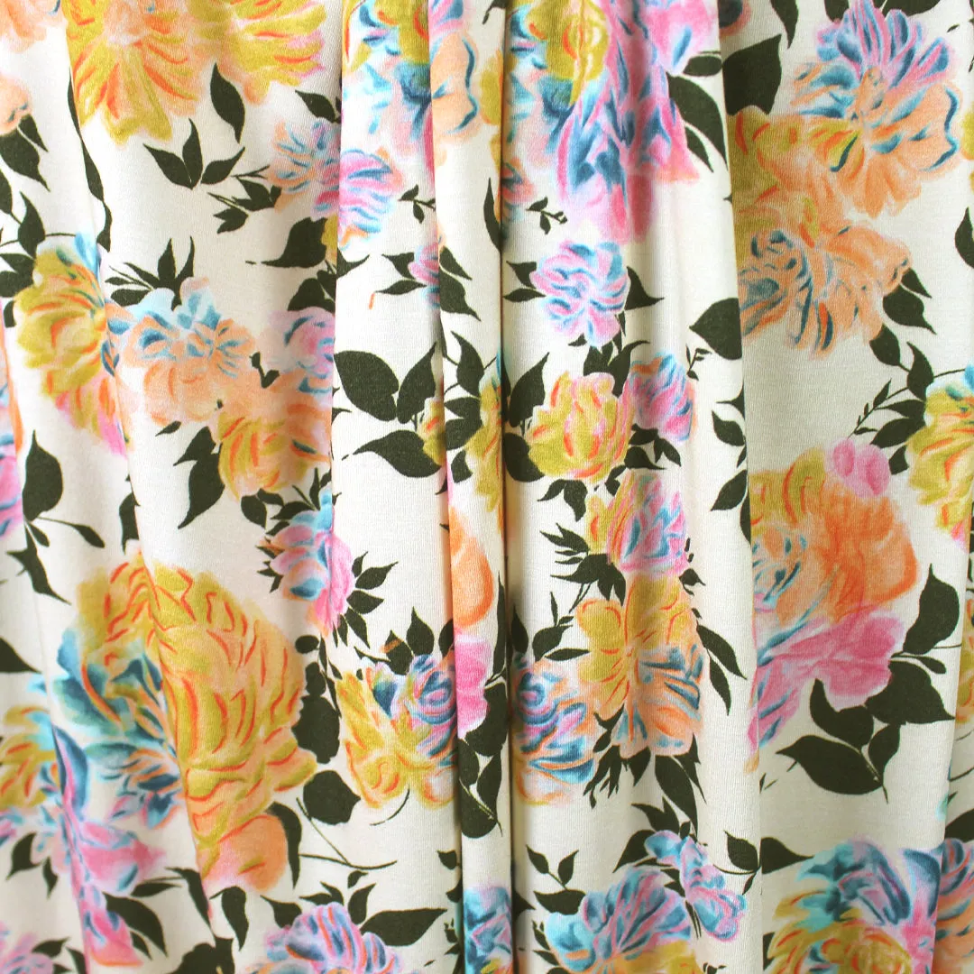 CA designer 'apricot blooms' printed rayon/spandex knit