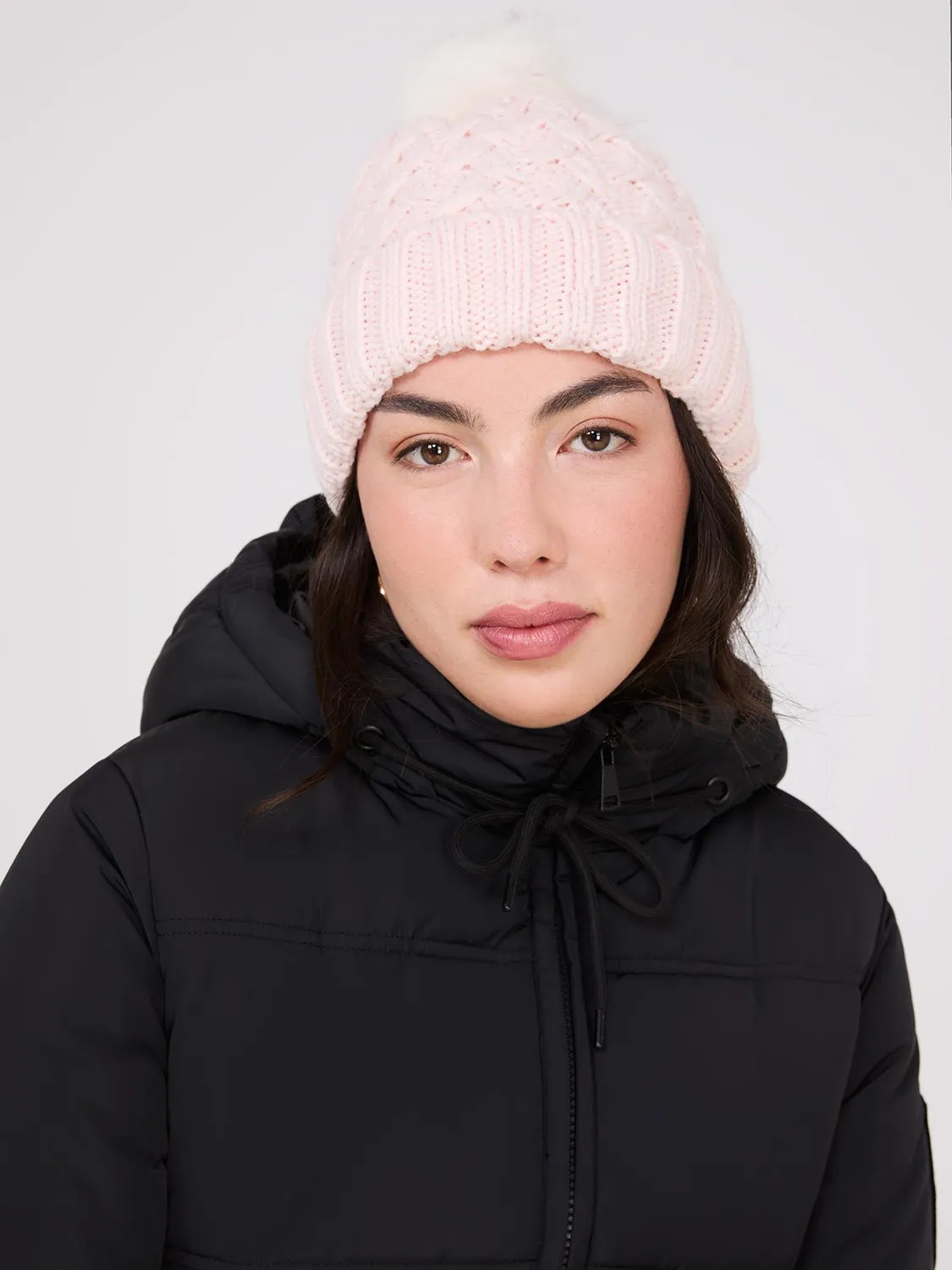 Cable Knit Hat With Faux Fur Pom Pom