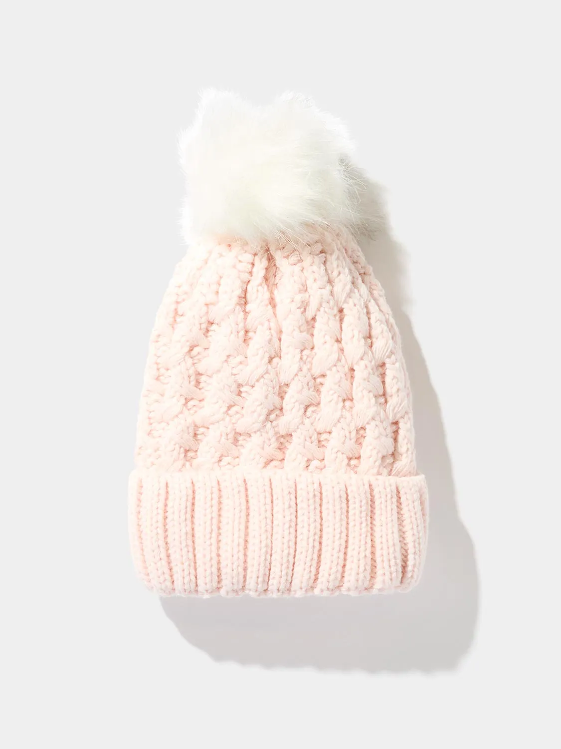 Cable Knit Hat With Faux Fur Pom Pom