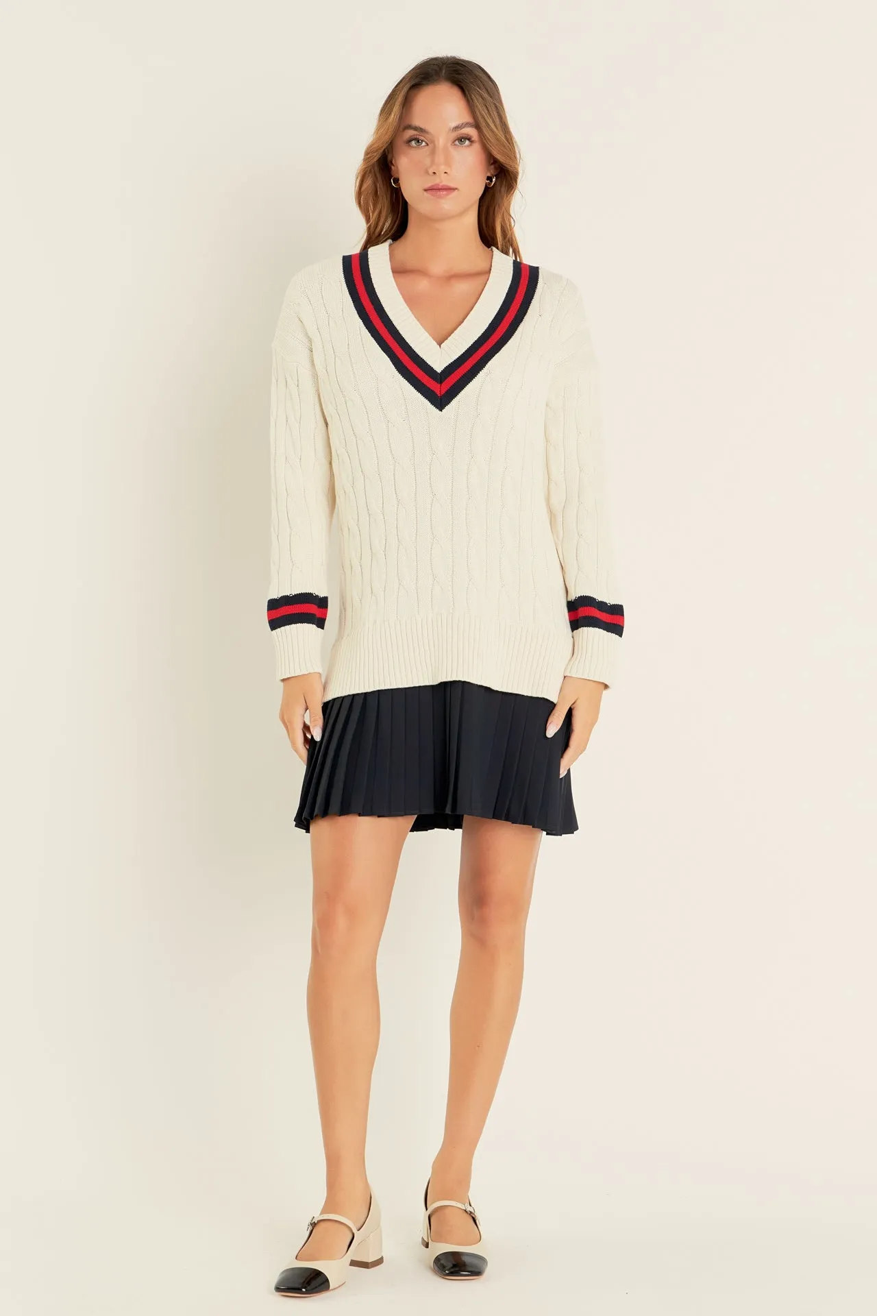 Cable Knit Pleated Sweater Dress