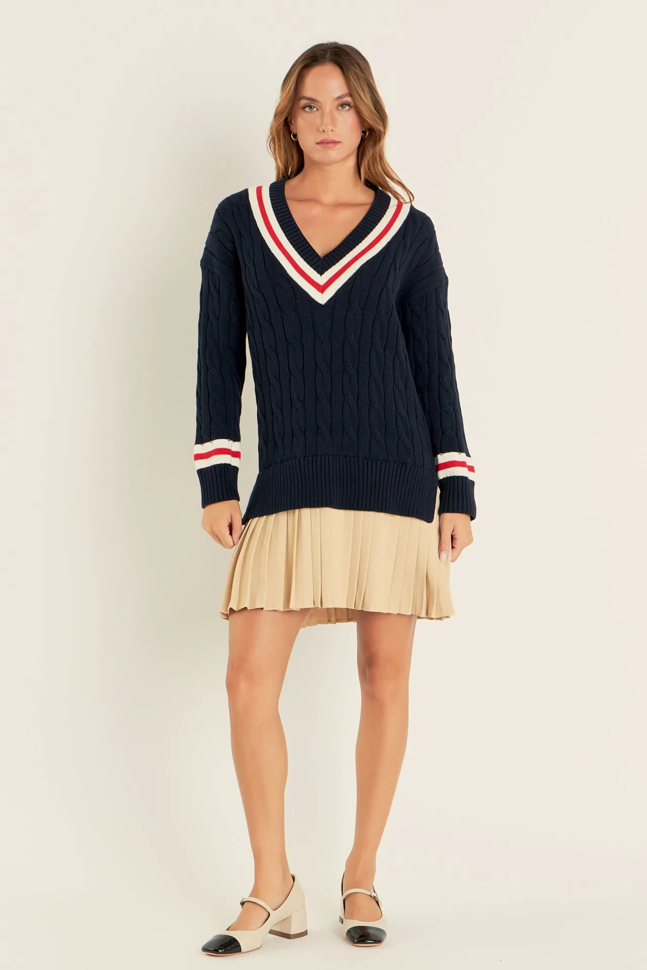 Cable Knit Pleated Sweater Dress