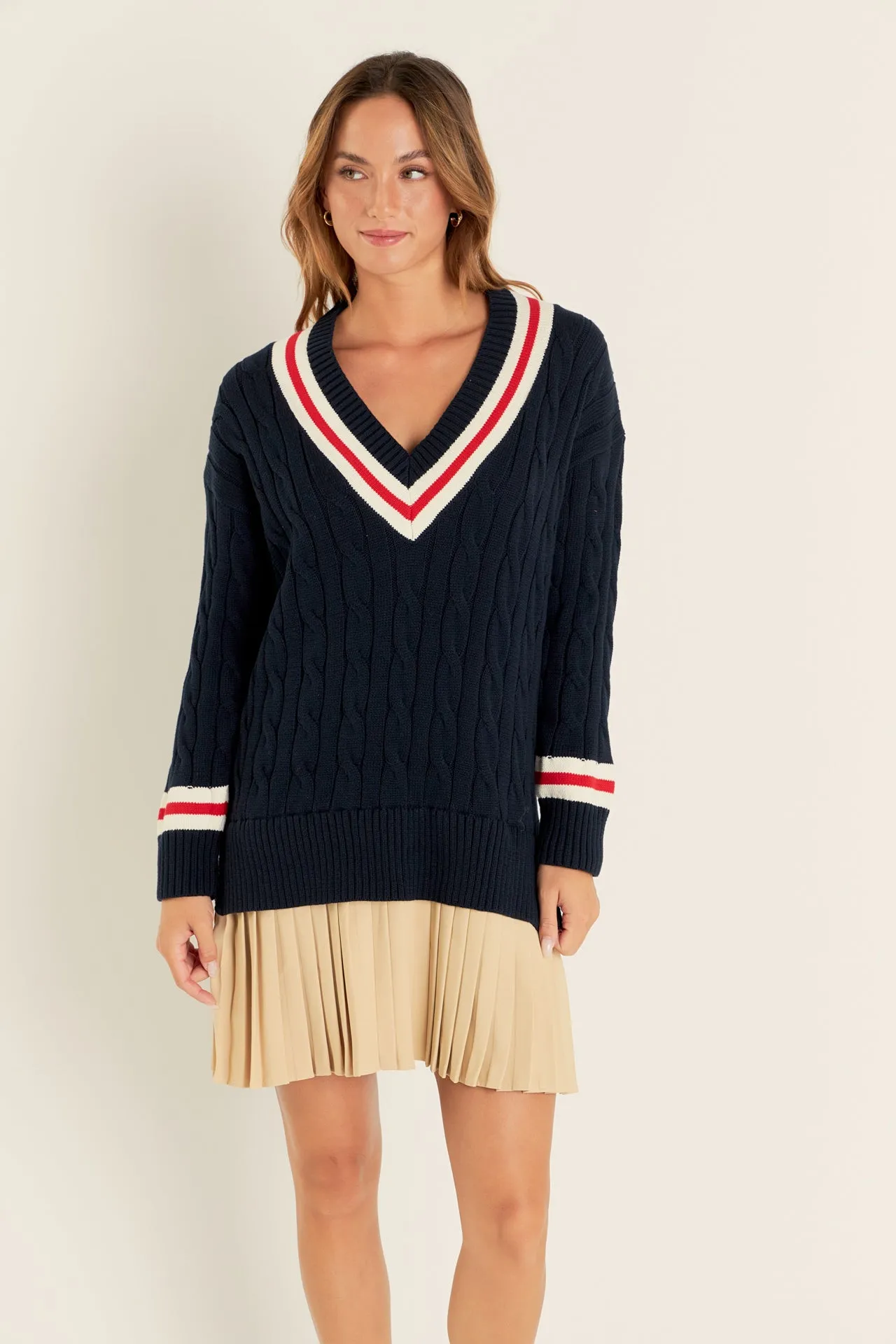 Cable Knit Pleated Sweater Dress