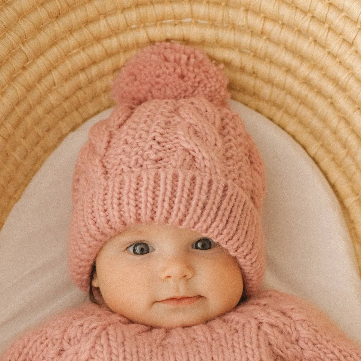 Cable Knit Pom Pom Hat - Rosy Pink