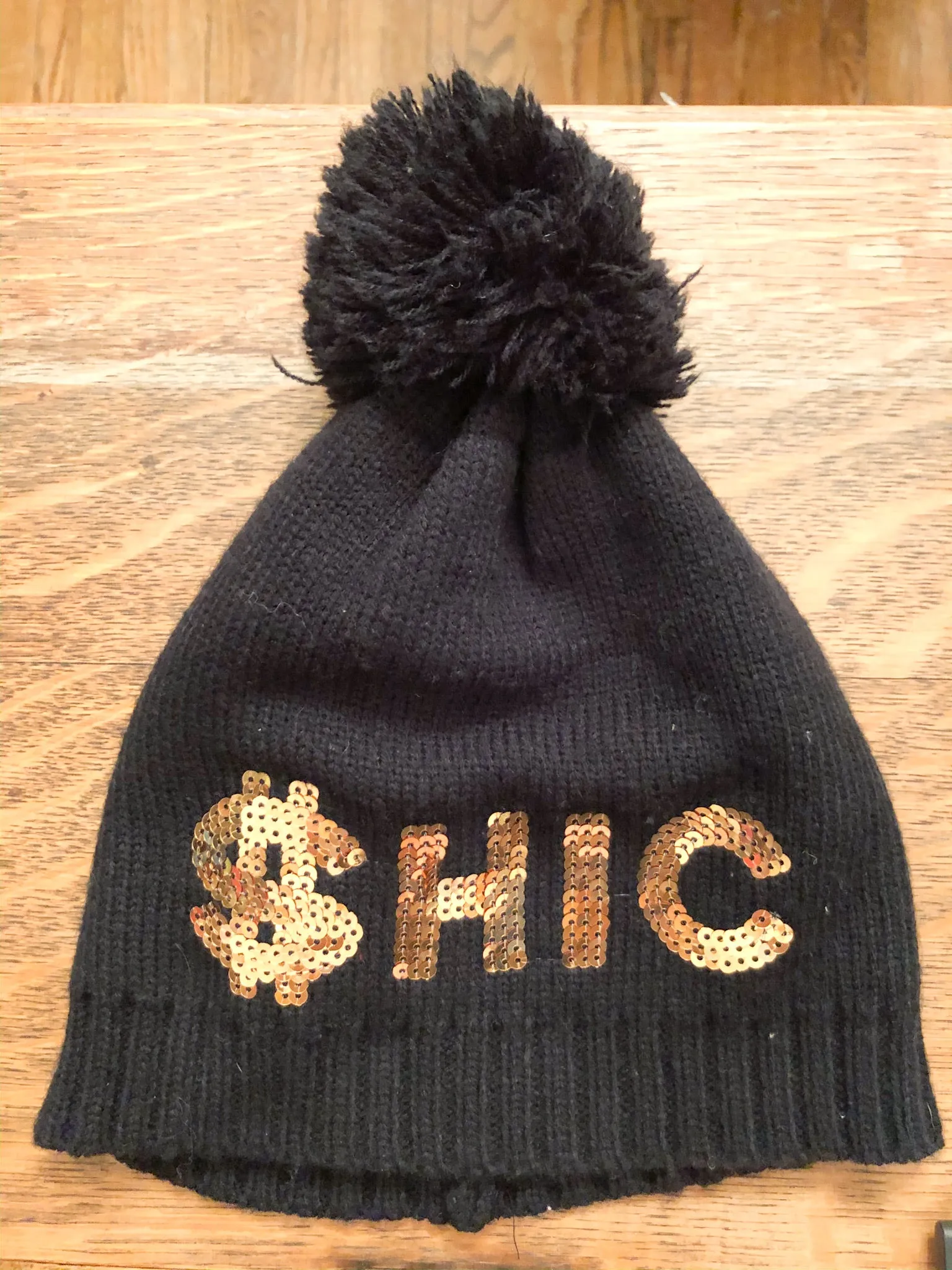 Chic Gold Sequin Pompom Toque Hat