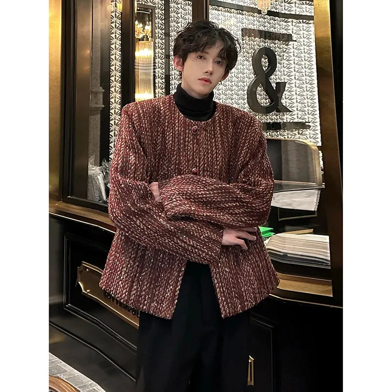 Chicmy-Round Collar Tweed Blazers Cardigan Men's Autumn Collarless Short Jacket Korean Style Chic Fashion Elgance Coat Handsome Jackets