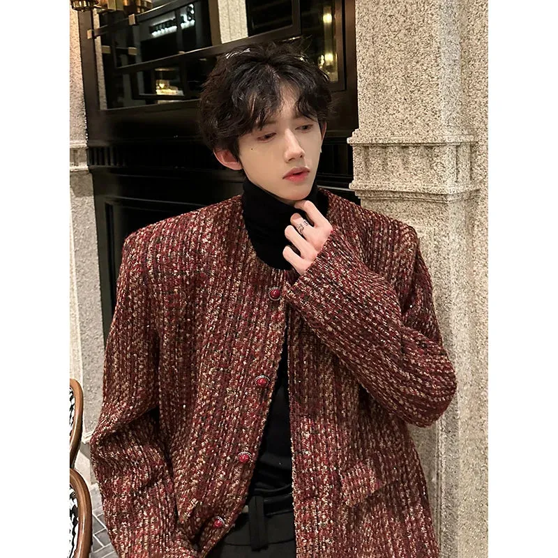 Chicmy-Round Collar Tweed Blazers Cardigan Men's Autumn Collarless Short Jacket Korean Style Chic Fashion Elgance Coat Handsome Jackets