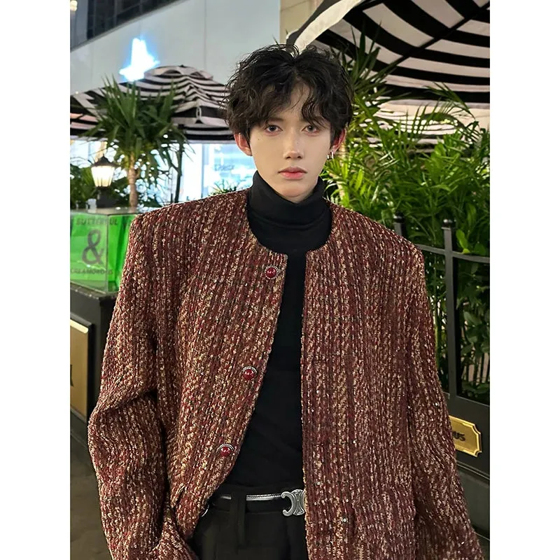 Chicmy-Round Collar Tweed Blazers Cardigan Men's Autumn Collarless Short Jacket Korean Style Chic Fashion Elgance Coat Handsome Jackets