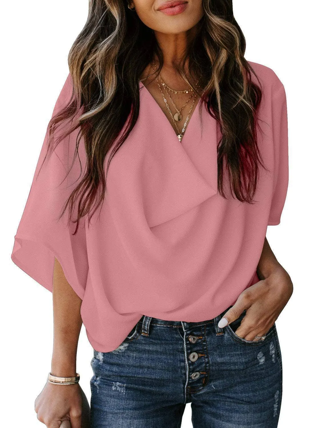 CHIFFON LOOSE V-NECK CASUAL BLOUSE_CWTBLS0777