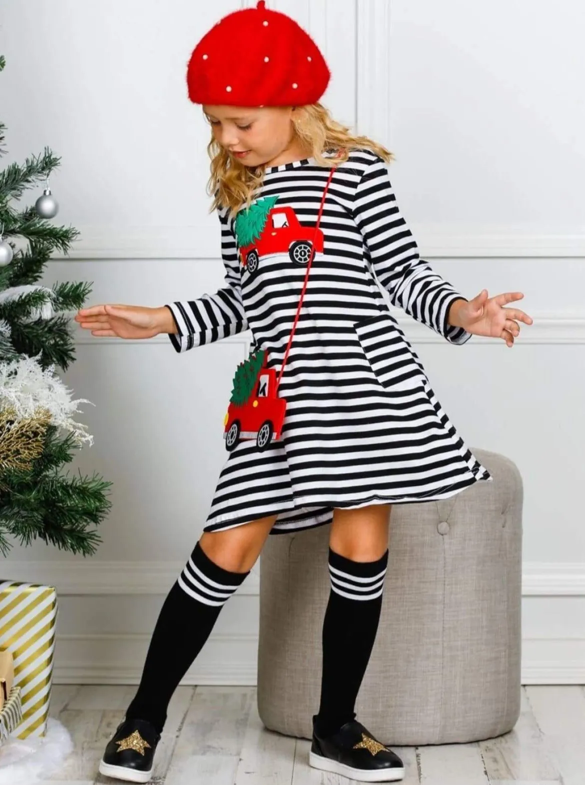 Christmas Haul Striped Pocket Dress, Purse and Socks Set