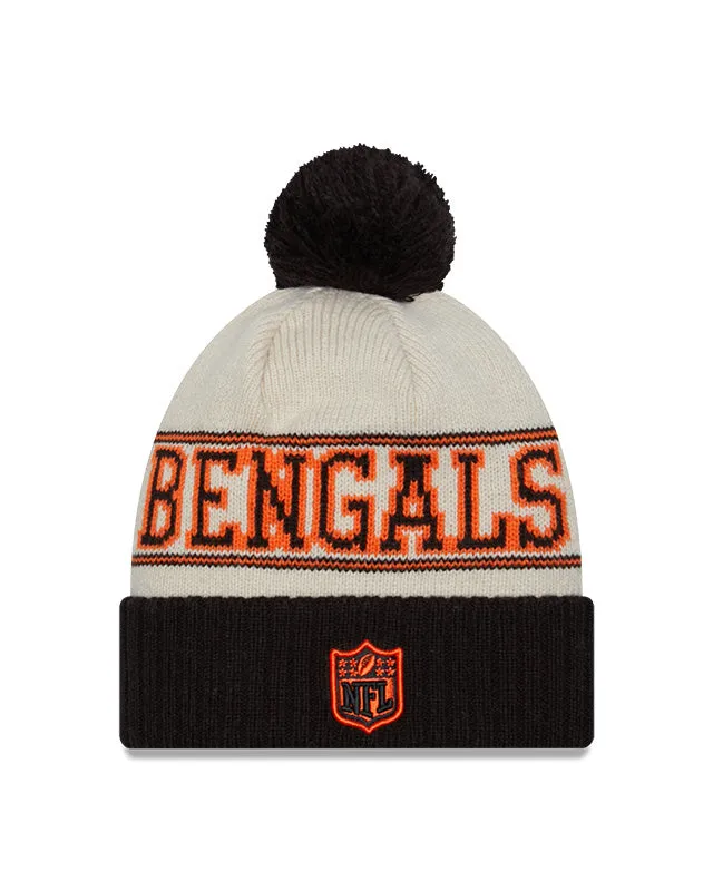 Cincinnati Bengals New Era 2023 Sideline Historic Pom Cuffed Knit Hat - Cream/Browns