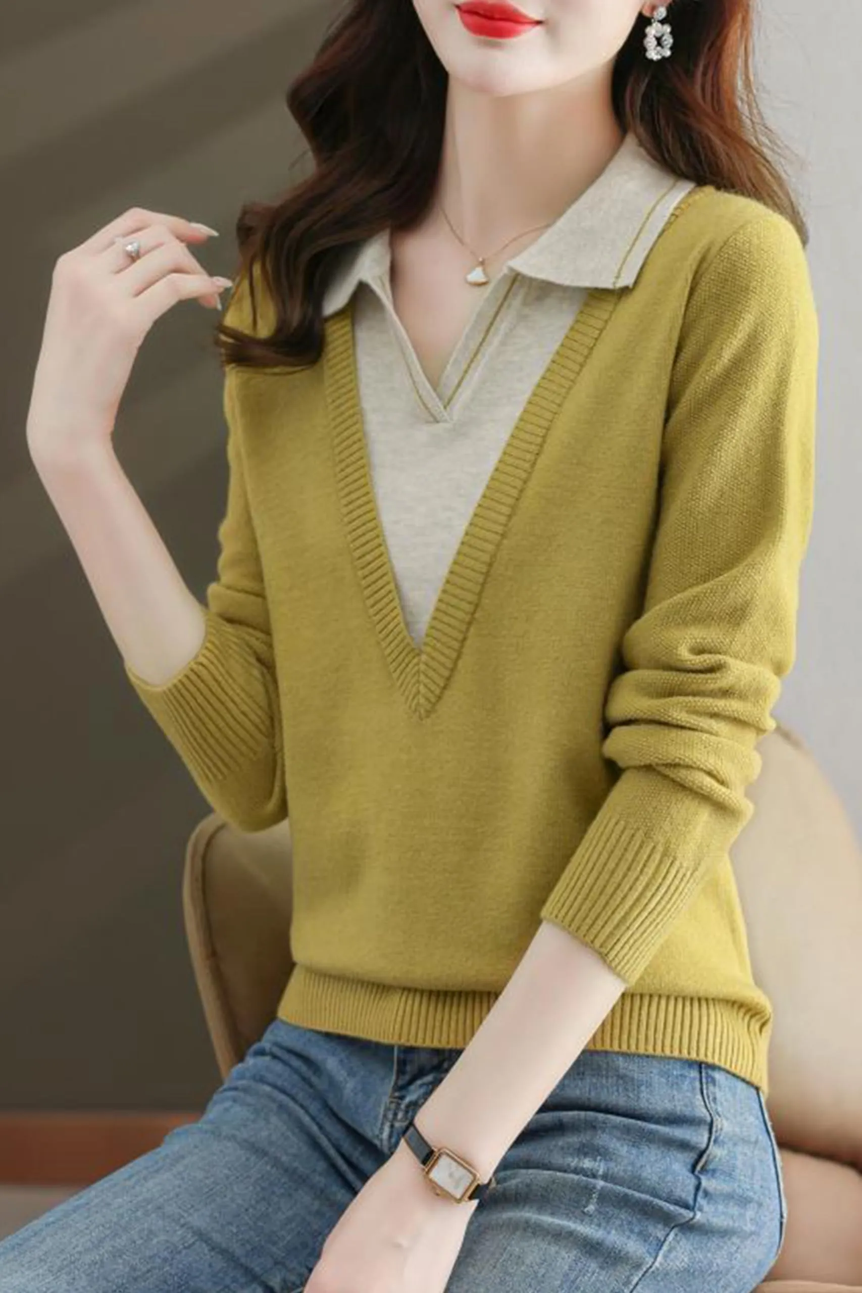 Collar Shirt V-Neck Patchwork Blouse Top