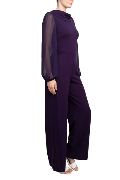 Connected Apparel Popover Neck Chiffon Long Sleeve Zipper Back Solid Jumpsuit by Curated Brands