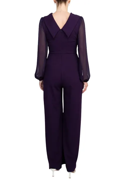 Connected Apparel Popover Neck Chiffon Long Sleeve Zipper Back Solid Jumpsuit by Curated Brands