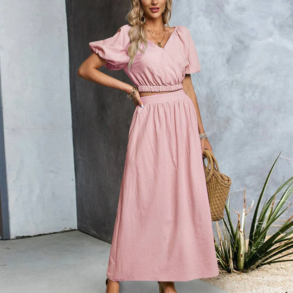 COTTON V-NECK SKIRT TWO-PIECE SET_CWSTB0506