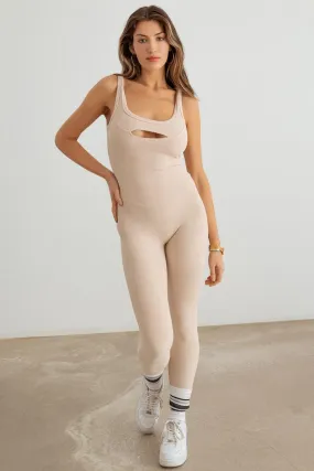 Cream Ribbed Cut-Out Sleeveless Snatched Jumpsuit