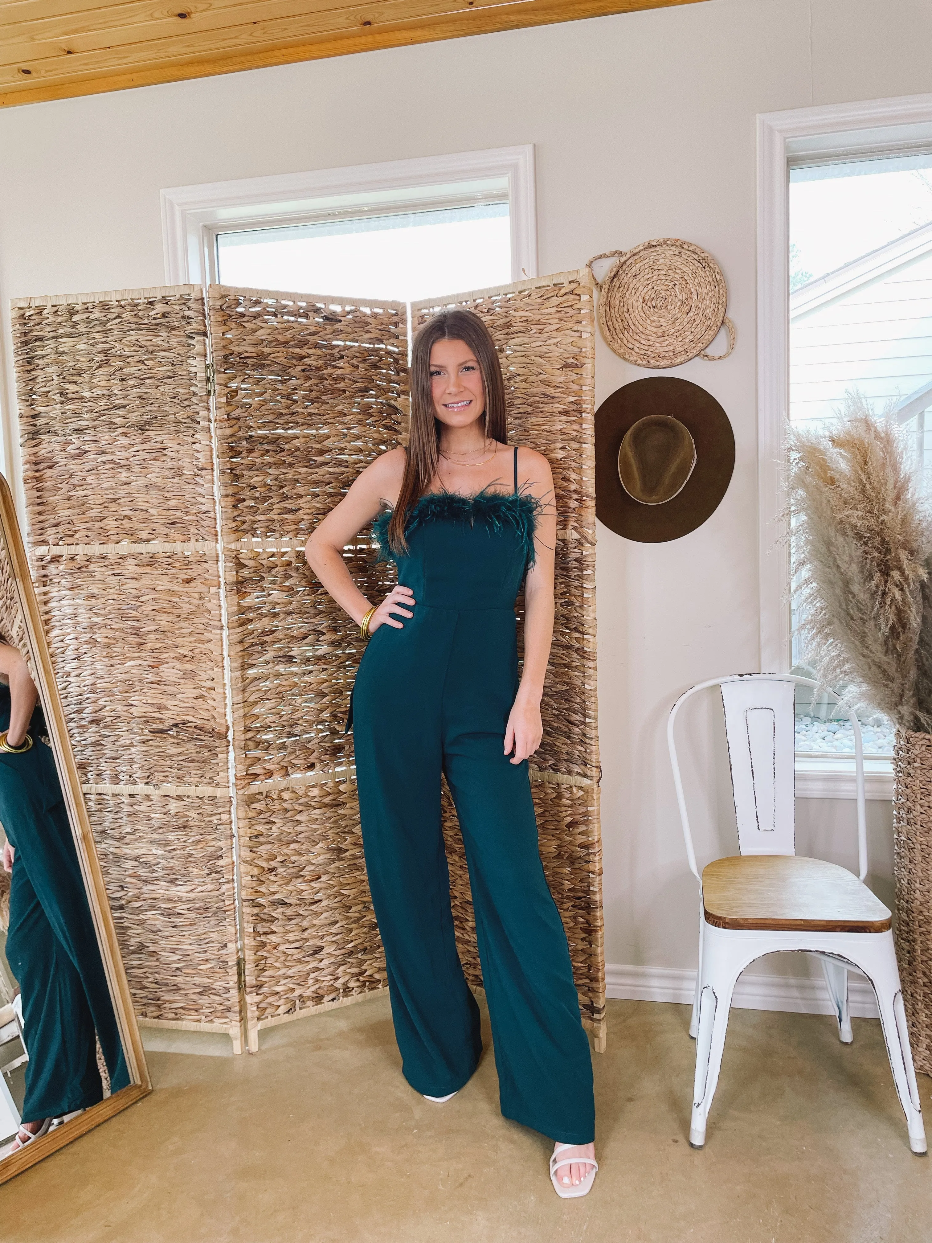 Cue The Lights Feather Jumpsuit with Waist Tie in Emerald Green