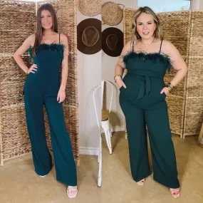 Cue The Lights Feather Jumpsuit with Waist Tie in Emerald Green