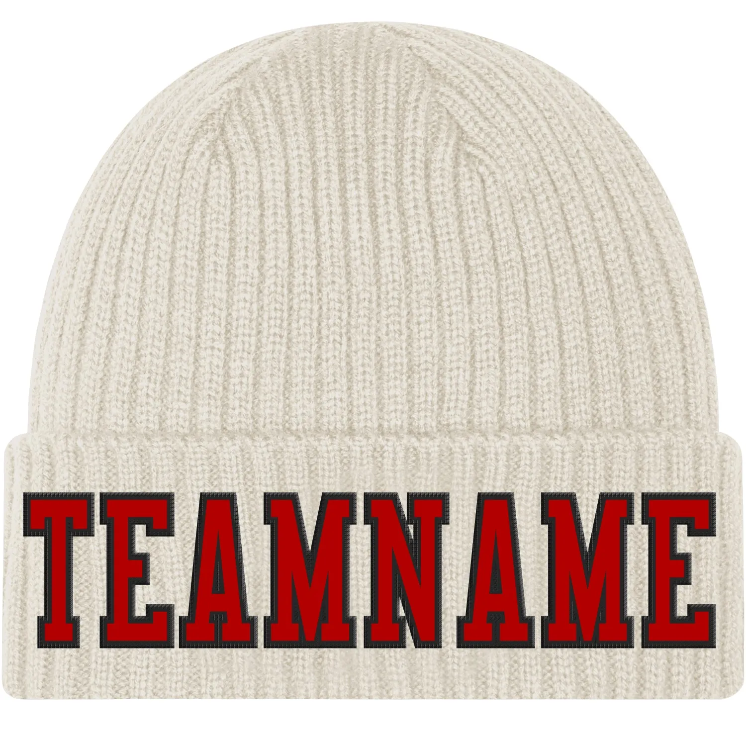 Custom Cream Red-Black Stitched Cuffed Knit Hat