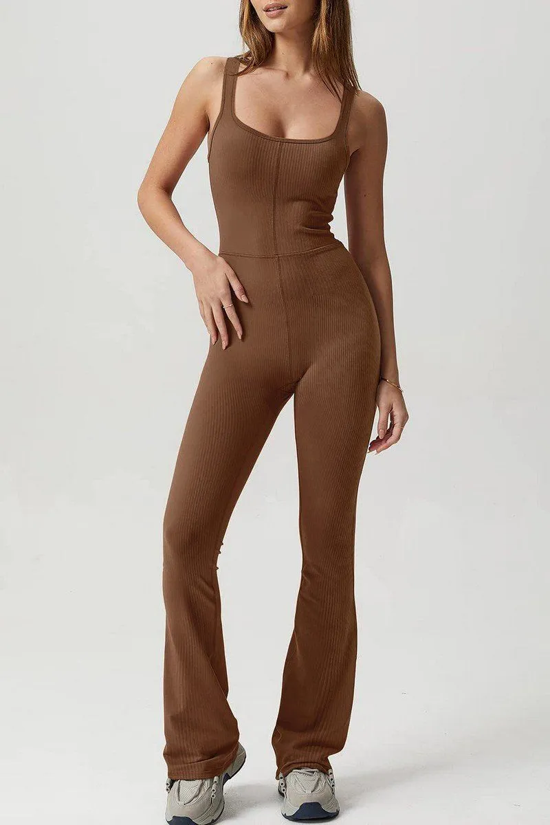 CUT OUT BACK SOLID TIGHT ELASTIC JUMPSUIT