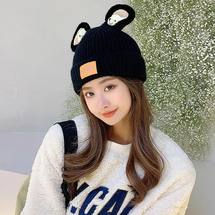 Cute Cartoon Bear Ears Letter Knit Hat