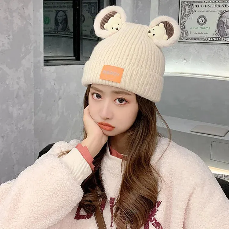 Cute Cartoon Bear Ears Letter Knit Hat