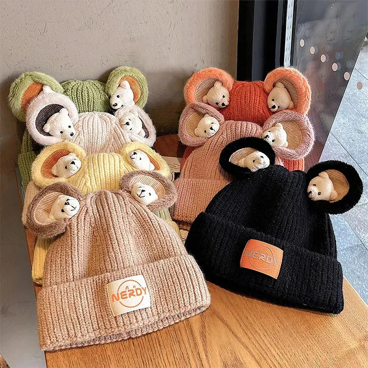 Cute Cartoon Bear Ears Letter Knit Hat