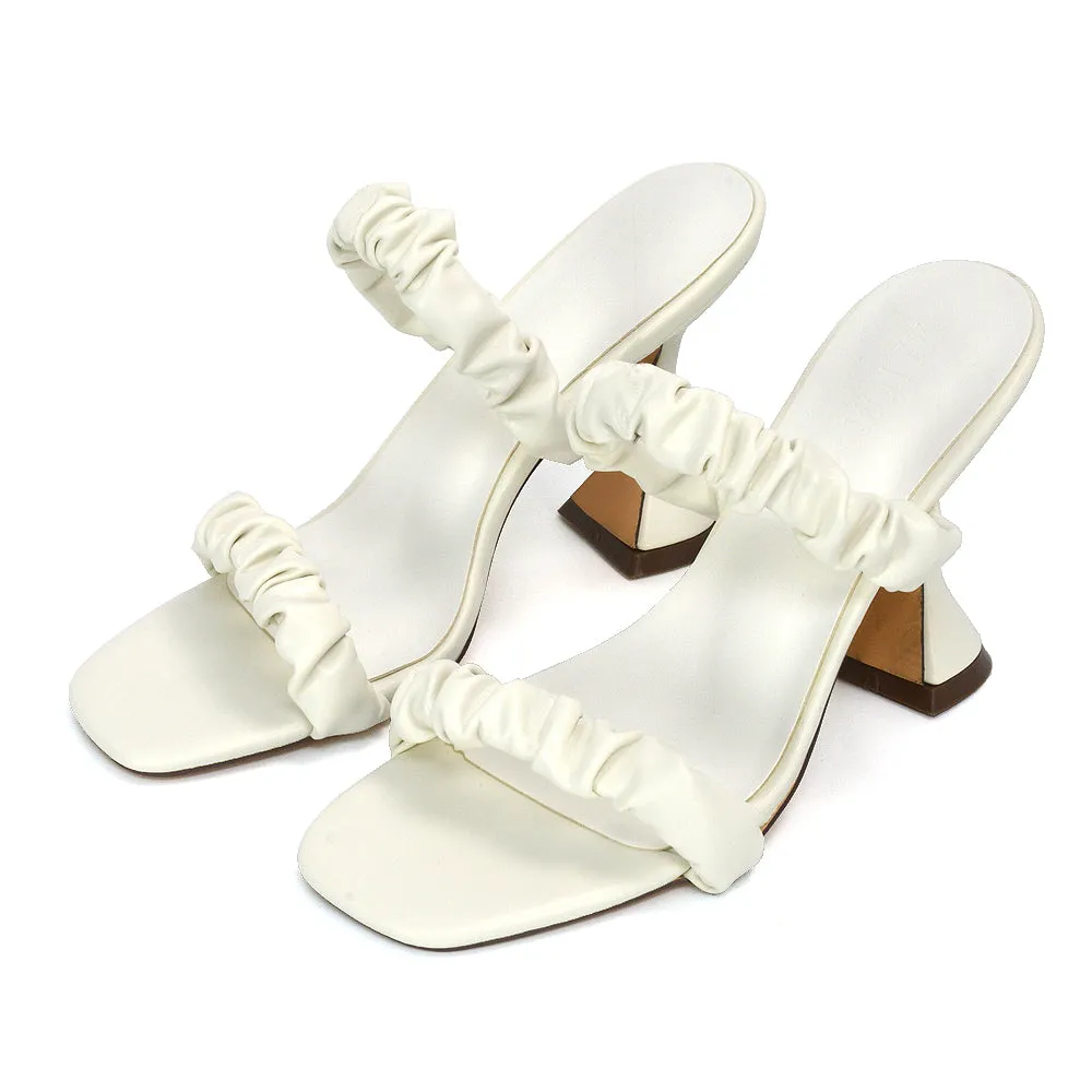 DAPHNE RUCHED DOUBLE STRAP SQUARE TOE SLIP ON SCULPTURED HIGH HEEL SANDALS IN WHITE