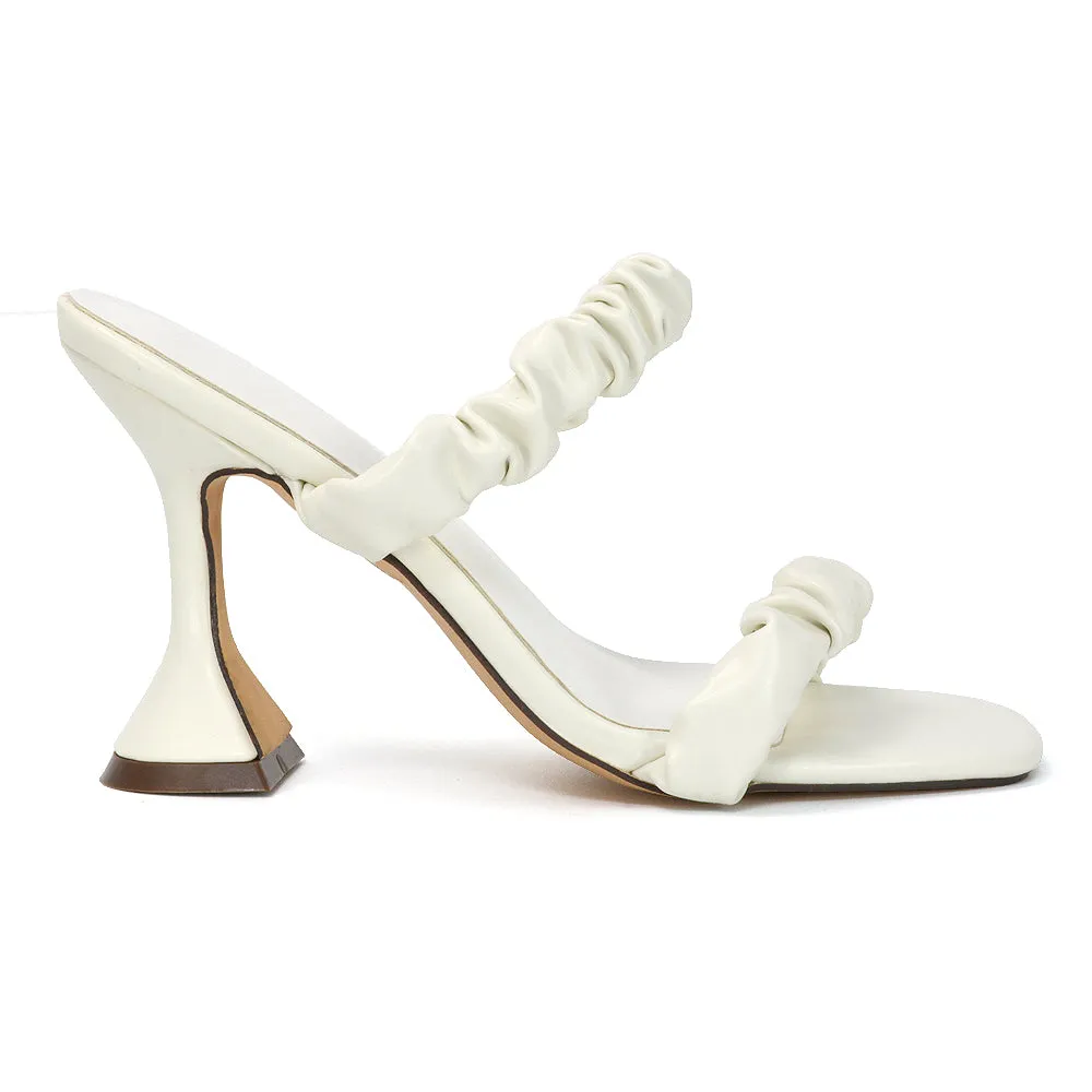 DAPHNE RUCHED DOUBLE STRAP SQUARE TOE SLIP ON SCULPTURED HIGH HEEL SANDALS IN WHITE