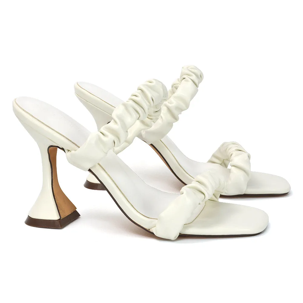 DAPHNE RUCHED DOUBLE STRAP SQUARE TOE SLIP ON SCULPTURED HIGH HEEL SANDALS IN WHITE