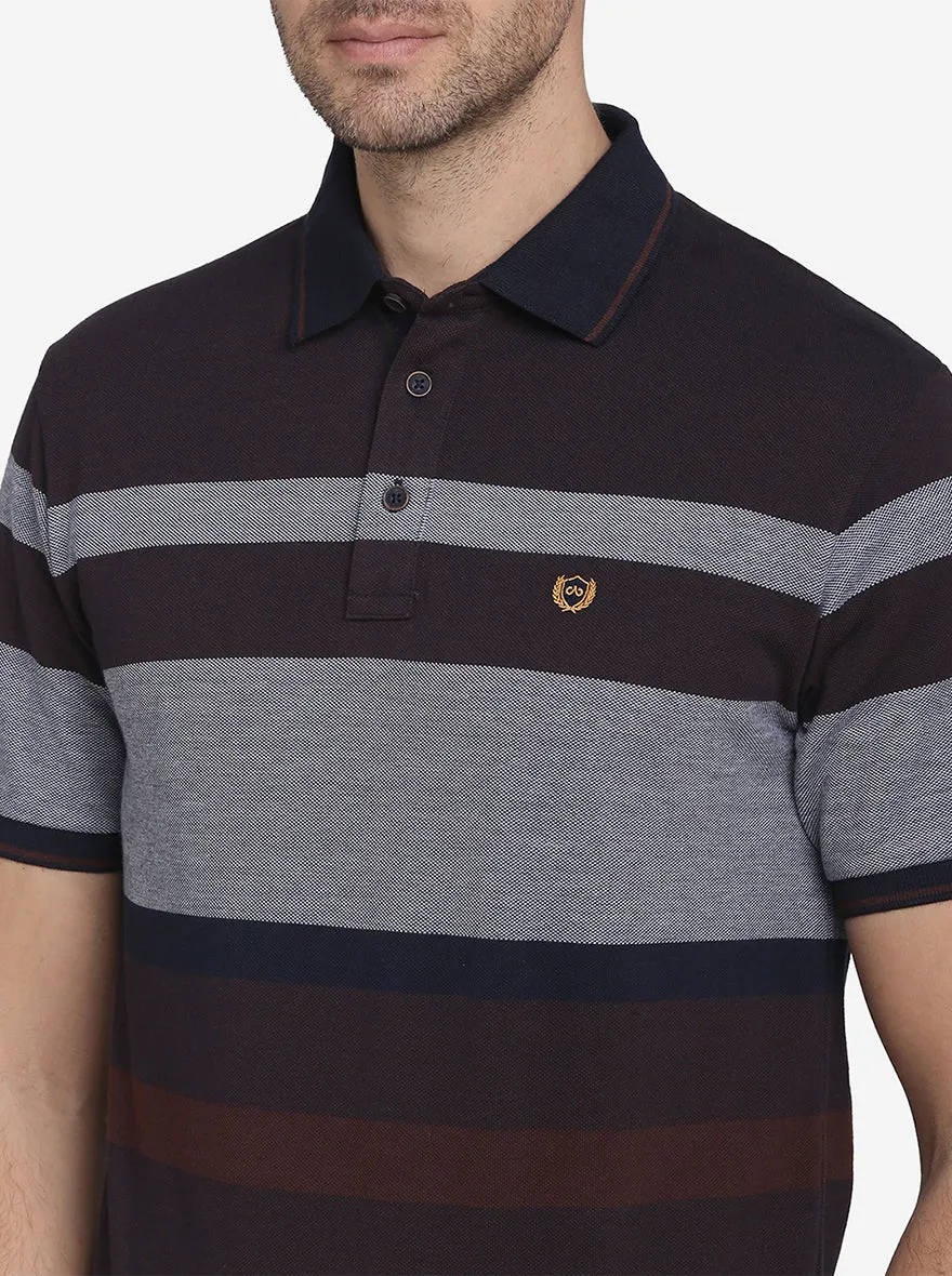 Dark Brown & Grey Striped Slim Fit Polo T-shirt  | JadeBlue