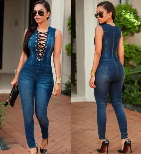 Denim Blue Deep V-neck Lace Up Sleeveless Long Jumpsuit