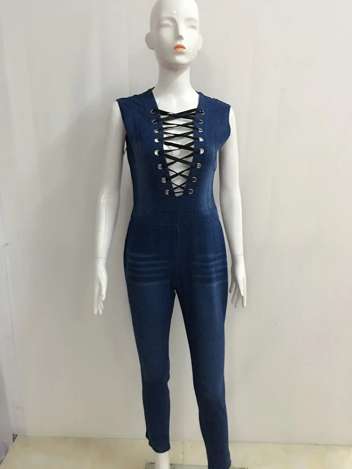 Denim Blue Deep V-neck Lace Up Sleeveless Long Jumpsuit