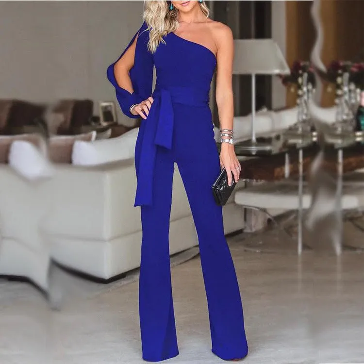 Divine Drift One-Shoulder Asymmetric Belted Jumpsuit