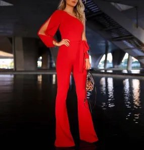 Divine Drift One-Shoulder Asymmetric Belted Jumpsuit