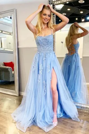 Double Straps Slit Light Blue Prom Dress