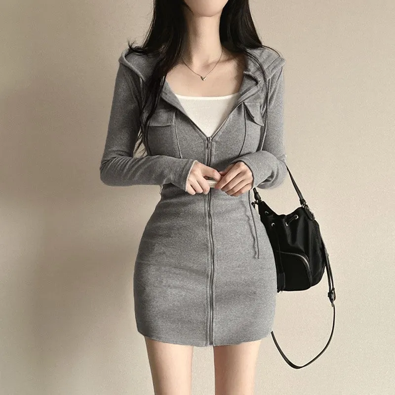 Drawstring Hooded Zipper Bodycon Hip-Wrapped Pocket Knitted Dress