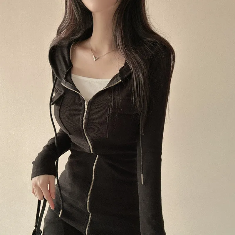 Drawstring Hooded Zipper Bodycon Hip-Wrapped Pocket Knitted Dress