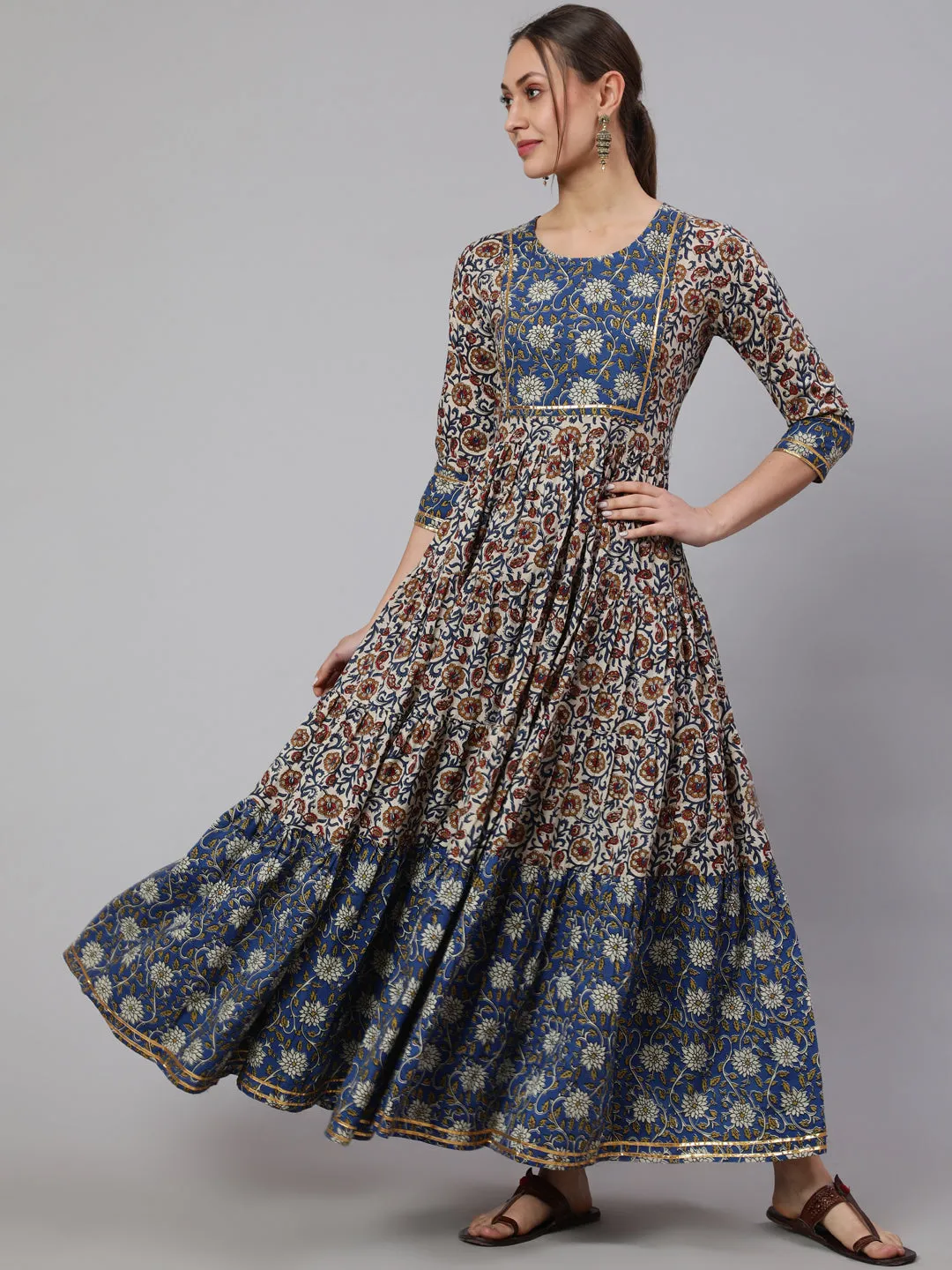 DRESS - BLUE, COTTON PRINTED FLARED ROUND NECK