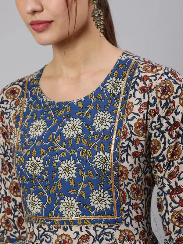 DRESS - BLUE, COTTON PRINTED FLARED ROUND NECK